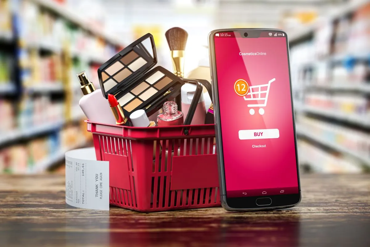 cosmetic products next to phone